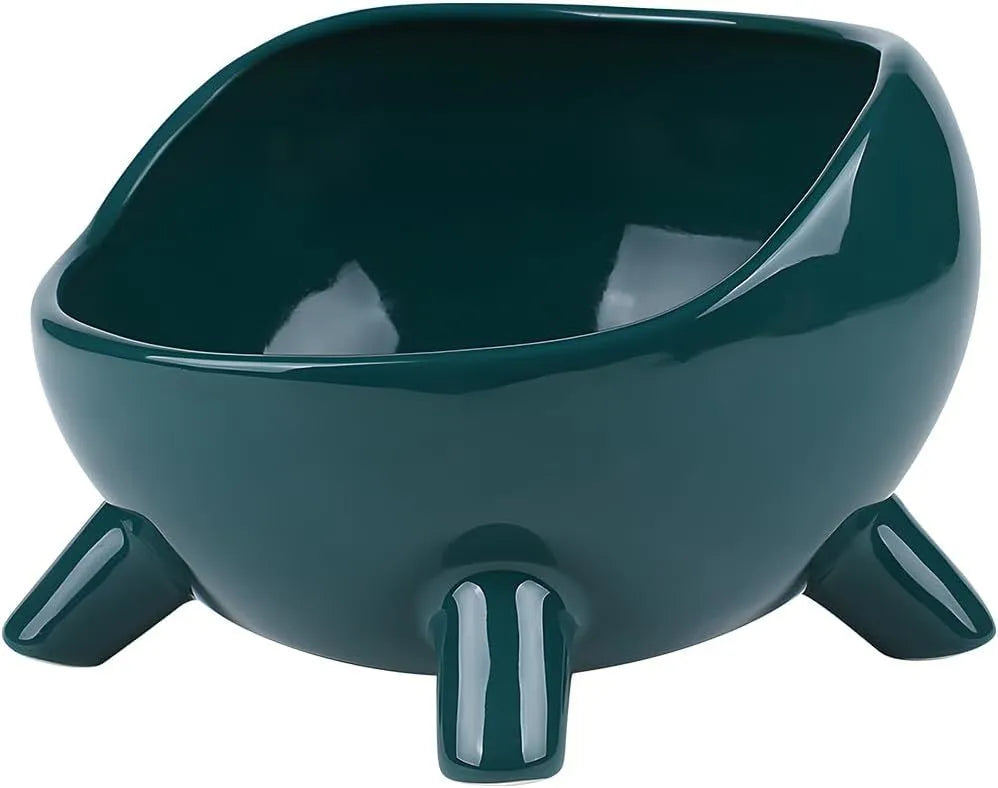 Ceramic cat food bowl with four legs, rounded arc shape, in green or yellow, small and large sizes