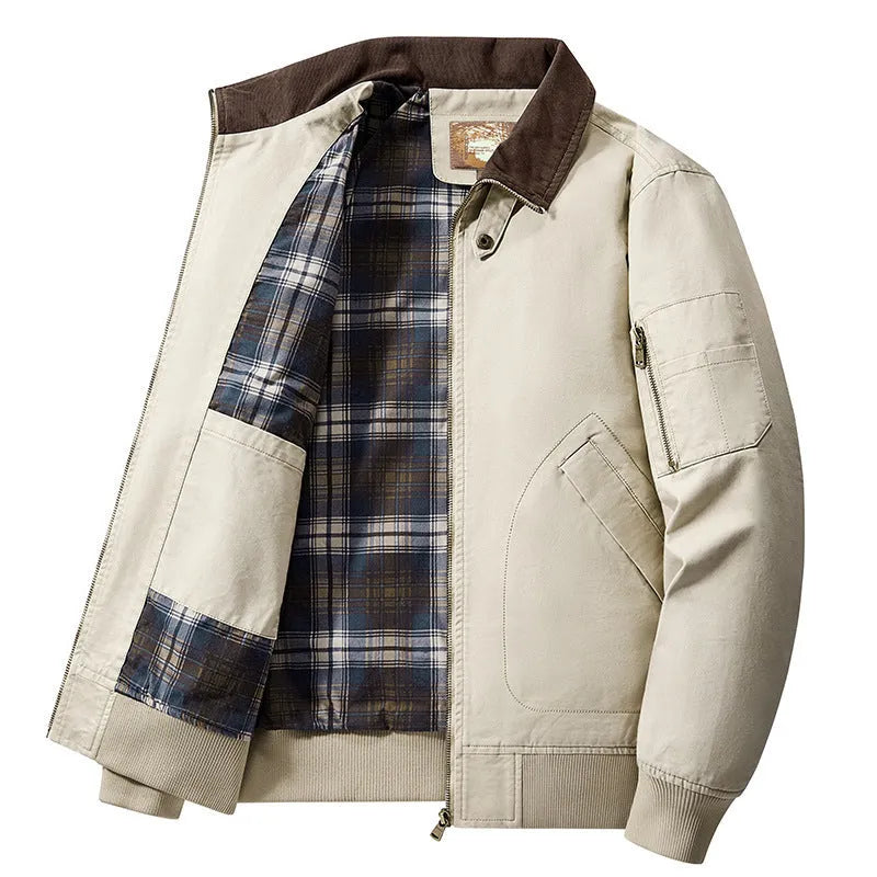 Men's camel coloured washed cotton baseball style jacket showing front view.