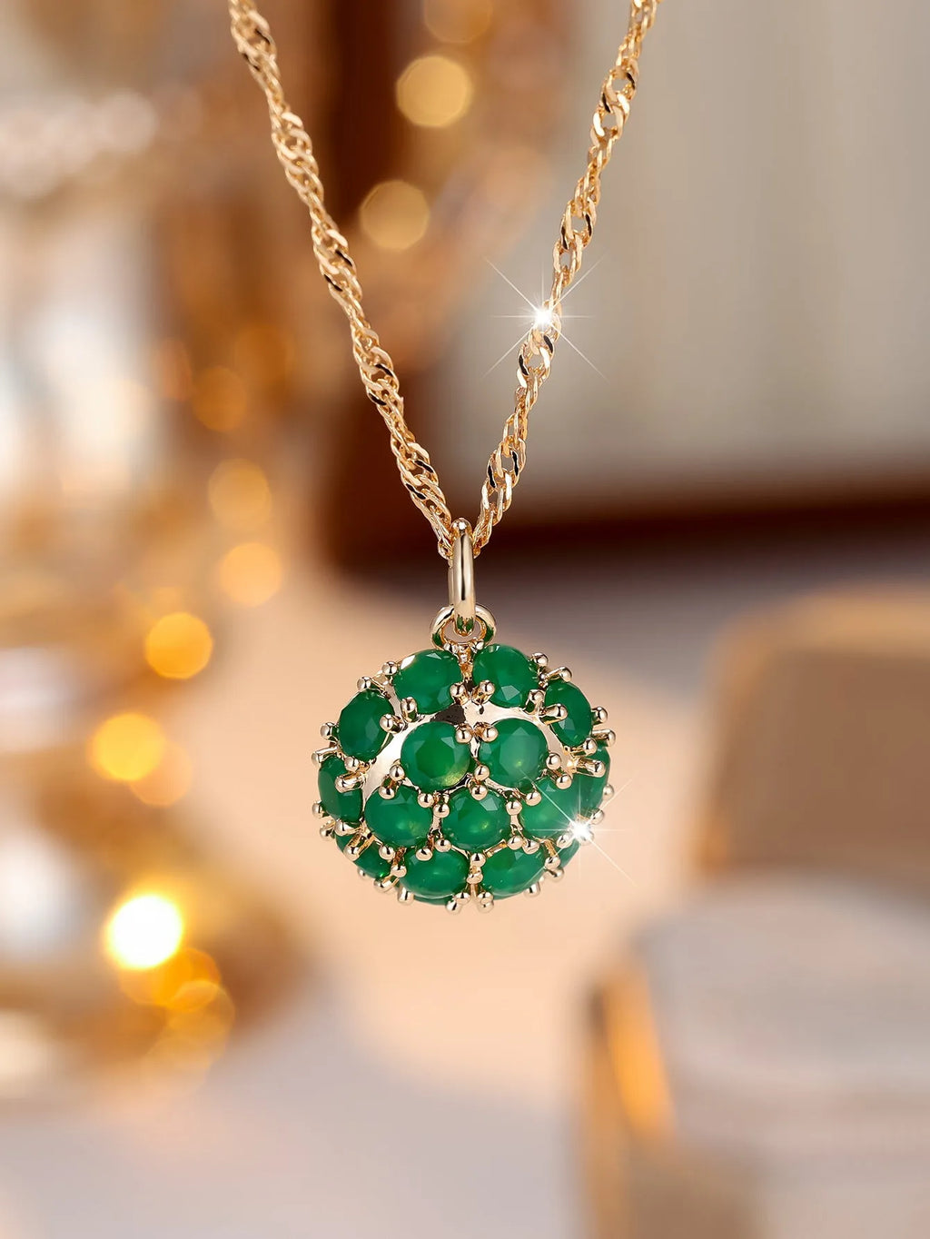 Round emerald full diamond necklace with geometric pendant on adjustable 51-60cm chain