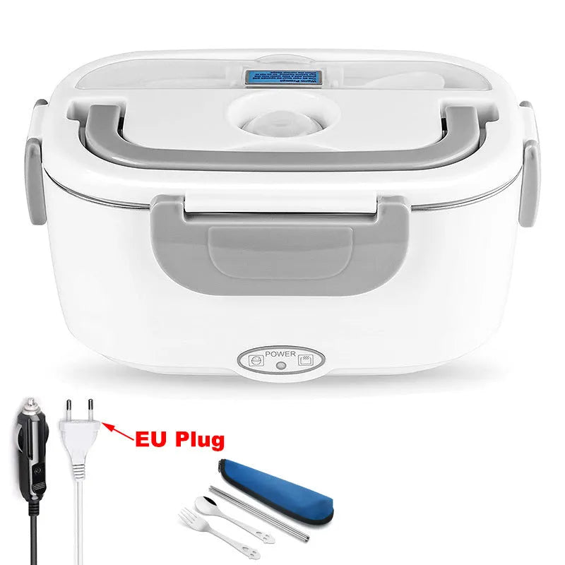 Grey electric lunch box showing dual car and home power cords with stainless steel inner tank