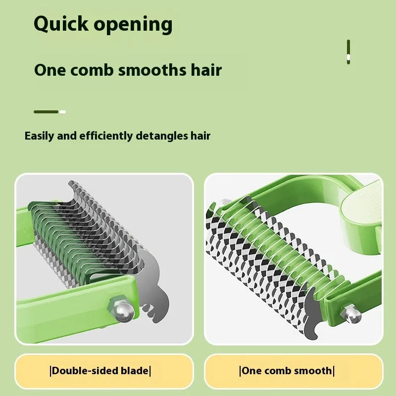 Green and grey dog unknotting combs with stainless steel teeth and plastic handles in small and large sizes.