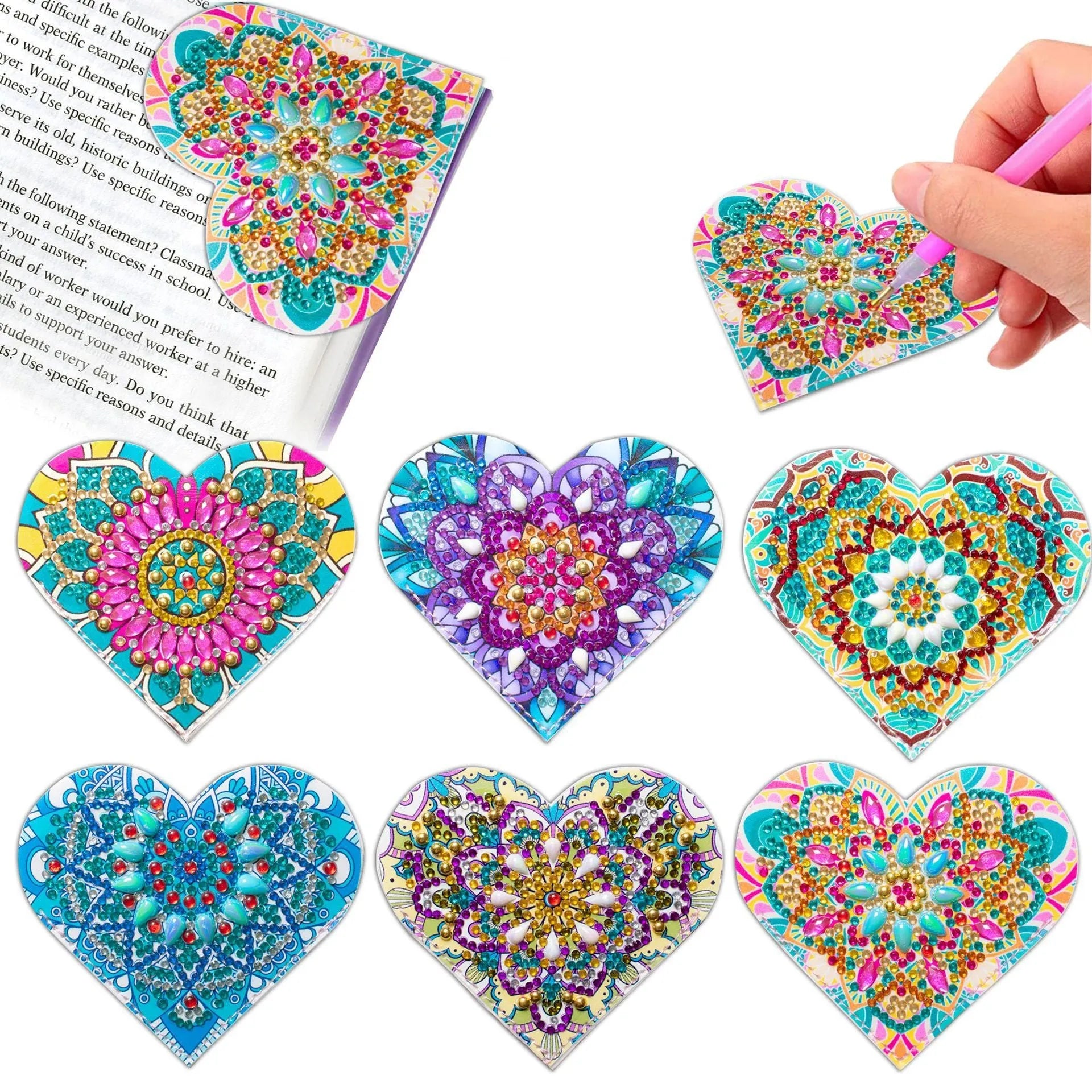Six PU leather handmade bookmarks with stick-on crystals and floral cornerite decorations