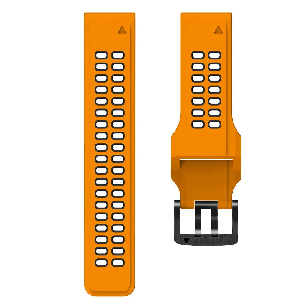 Quick release double-row hole two-colour silicone watch strap with pin buckle clasp.