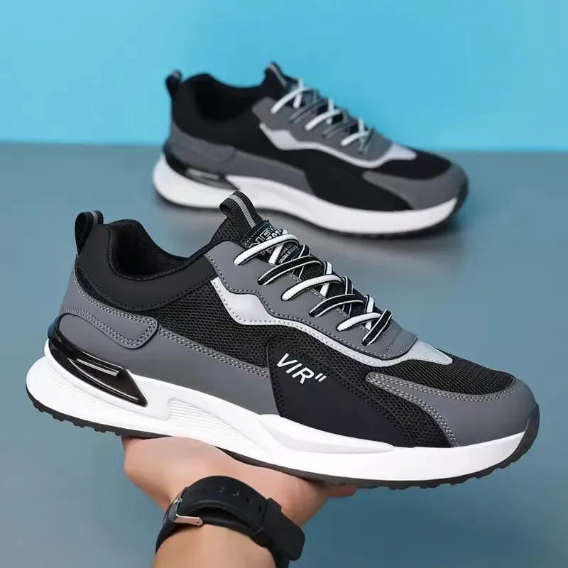 Men's colour block mesh sneakers in black, grey and white colour options with lace-up design