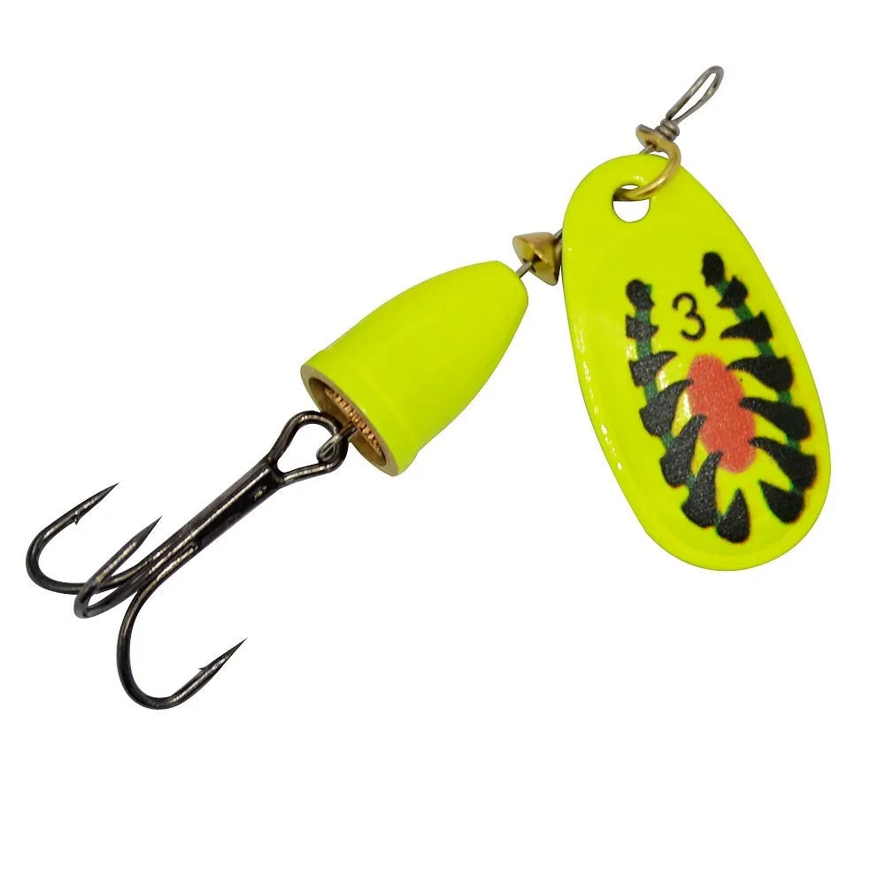 R-shaped metal fishing lure with rotating sequins and a central copper bell in multiple colour options.