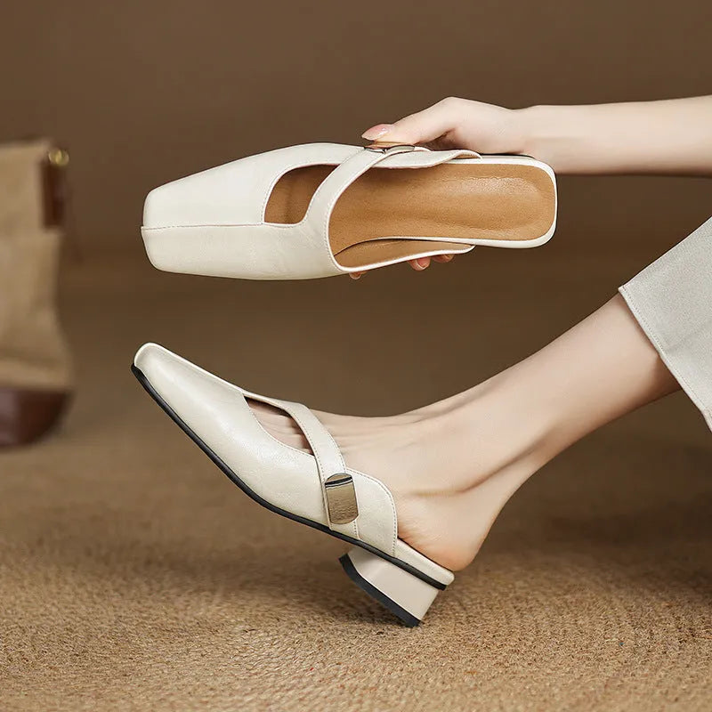 Leisure low heel slippers with square toe in black, beige, and silver on rubber sole.
