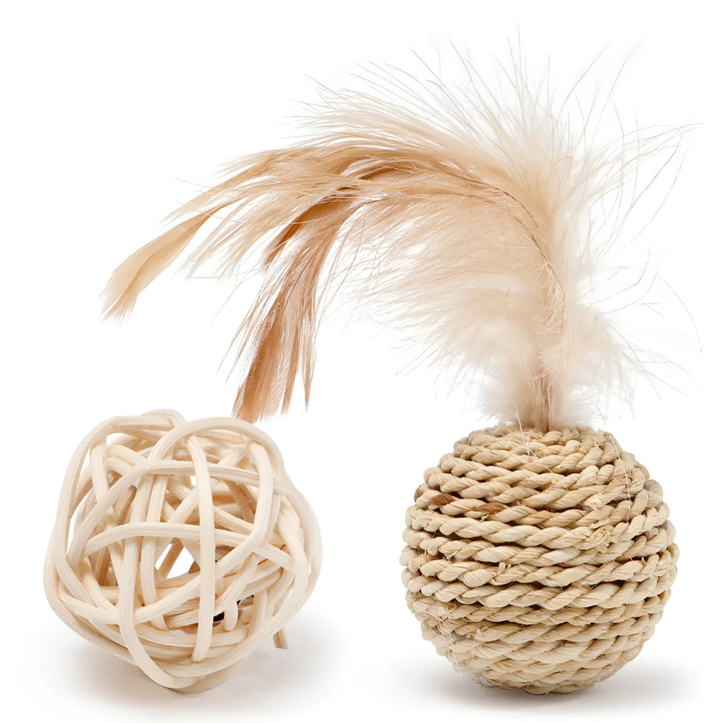 Two-piece cat toy set showing rattan ball and faux feather bell ball for interactive pet play