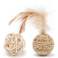 Two-piece cat toy set showing rattan ball and faux feather bell ball for interactive pet play