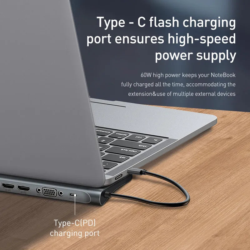 Grey aluminium 10-port docking station with cooling bracket showing HDMI VGA and USB ports