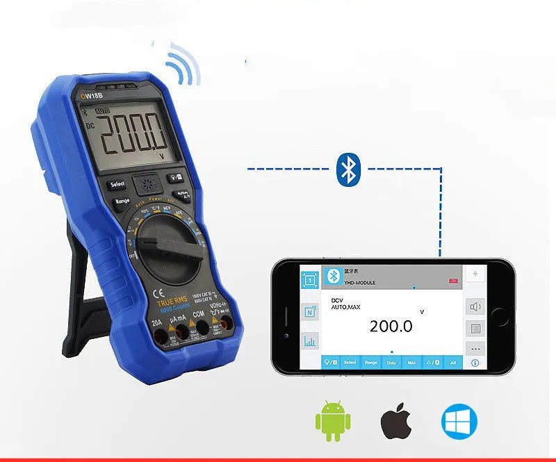 Handheld digital multimeter with NCV voltage sensing and test leads on white background