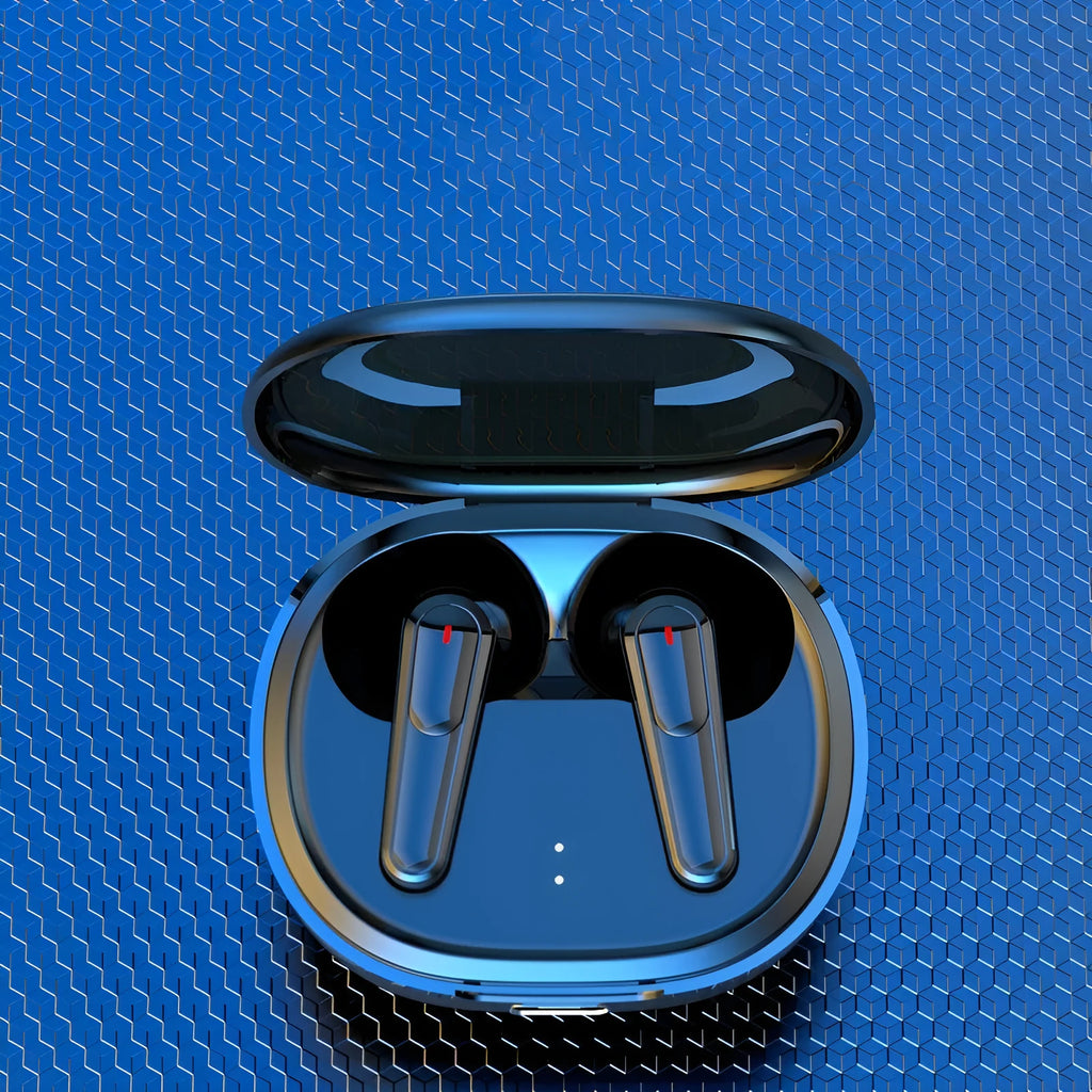 Black in-ear Bluetooth headphones with noise cancellation and breathing light indicators