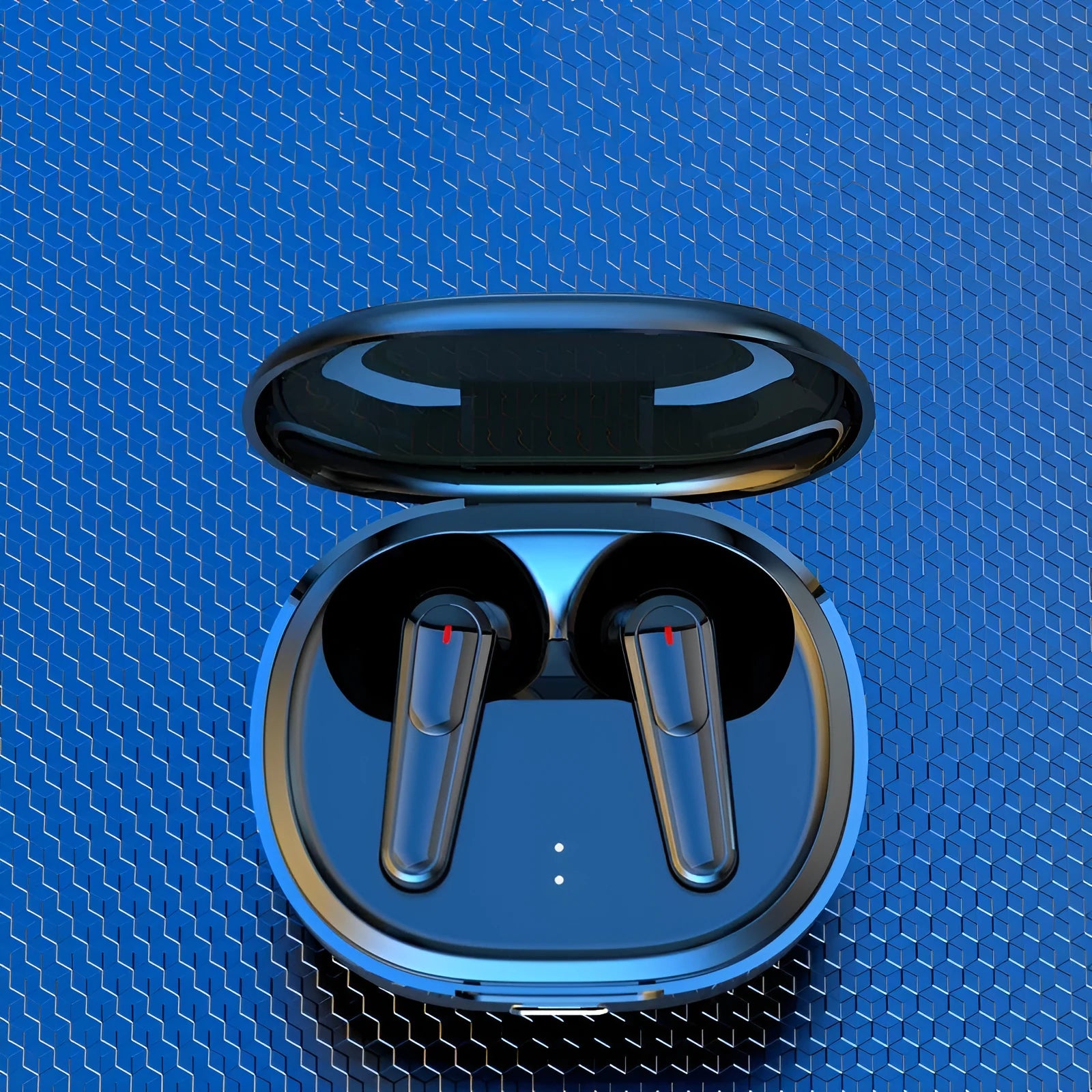 Black in-ear Bluetooth headphones with noise cancellation and breathing light indicators