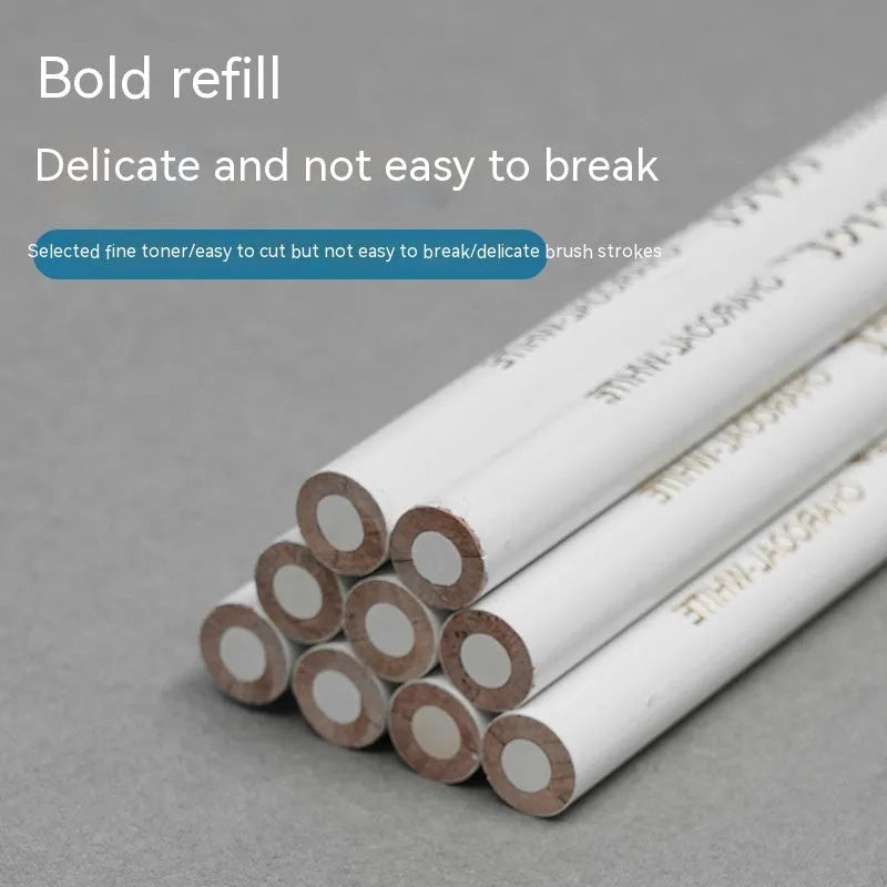 White charcoal pencil highlighting pen with wooden shell showing three pencils in packaging