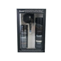 Hair fibre powder kit containing a 275g can, styling spray bottle, and applicator nozzle on a white background.