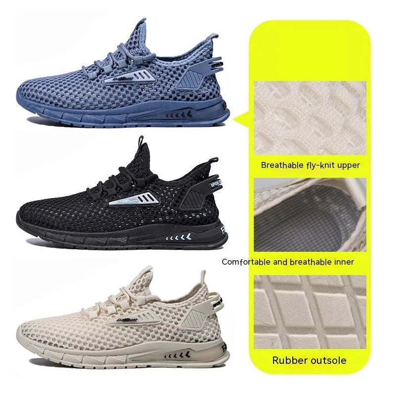 Men's beige casual sneaker with synthetic leather upper and mesh lining, featuring a flat low-heel sole and lace-up front.