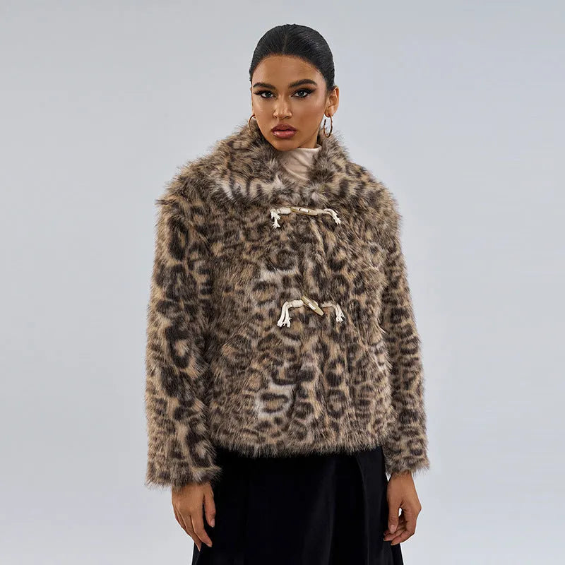 Leopard print women's coat with buckle lapel fastening in street fashion style