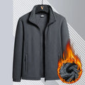 Men's thick grey zip-front Berber fleece coat with stand-up collar and drawstring sleeves.