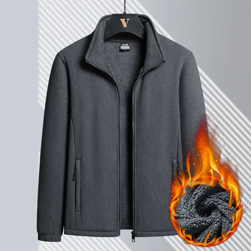 Men's thick grey zip-front Berber fleece coat with stand-up collar and drawstring sleeves.