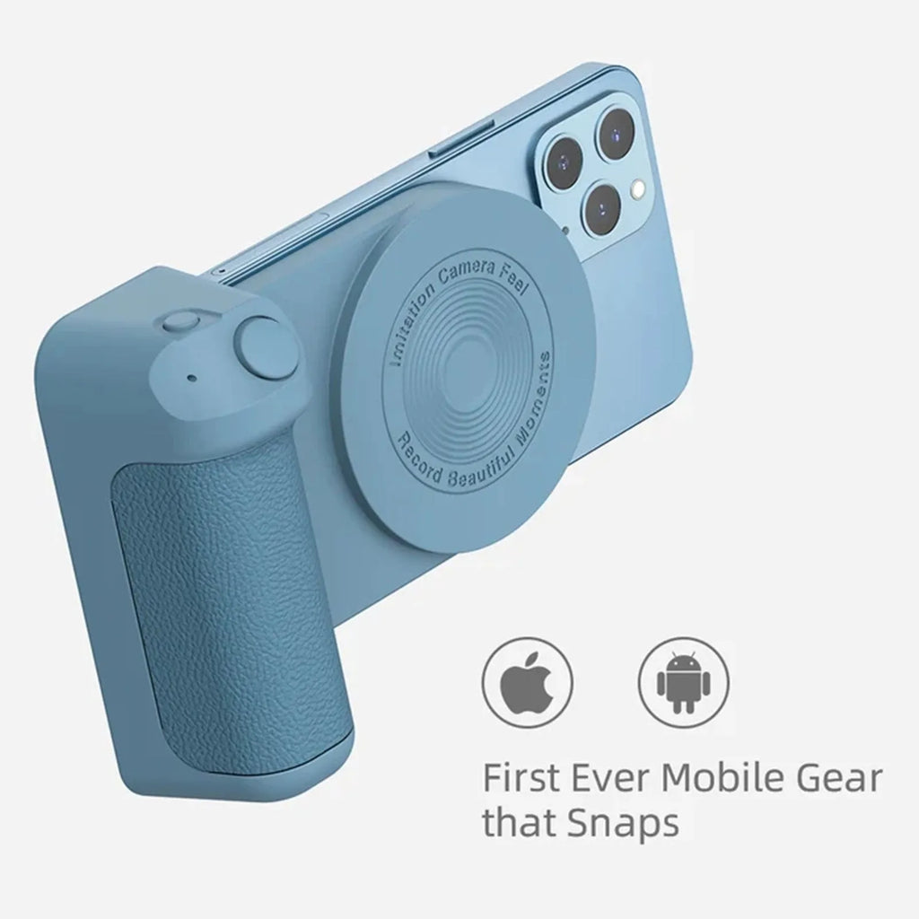 Black 3-in-1 magnetic phone camera holder with ergonomic handle on a wooden table.