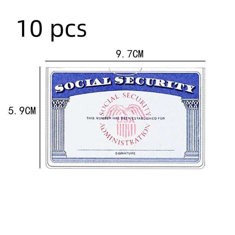 Clear PVC waterproof card holder for social security and ID cards measuring 9.7 by 5.9 centimetres.