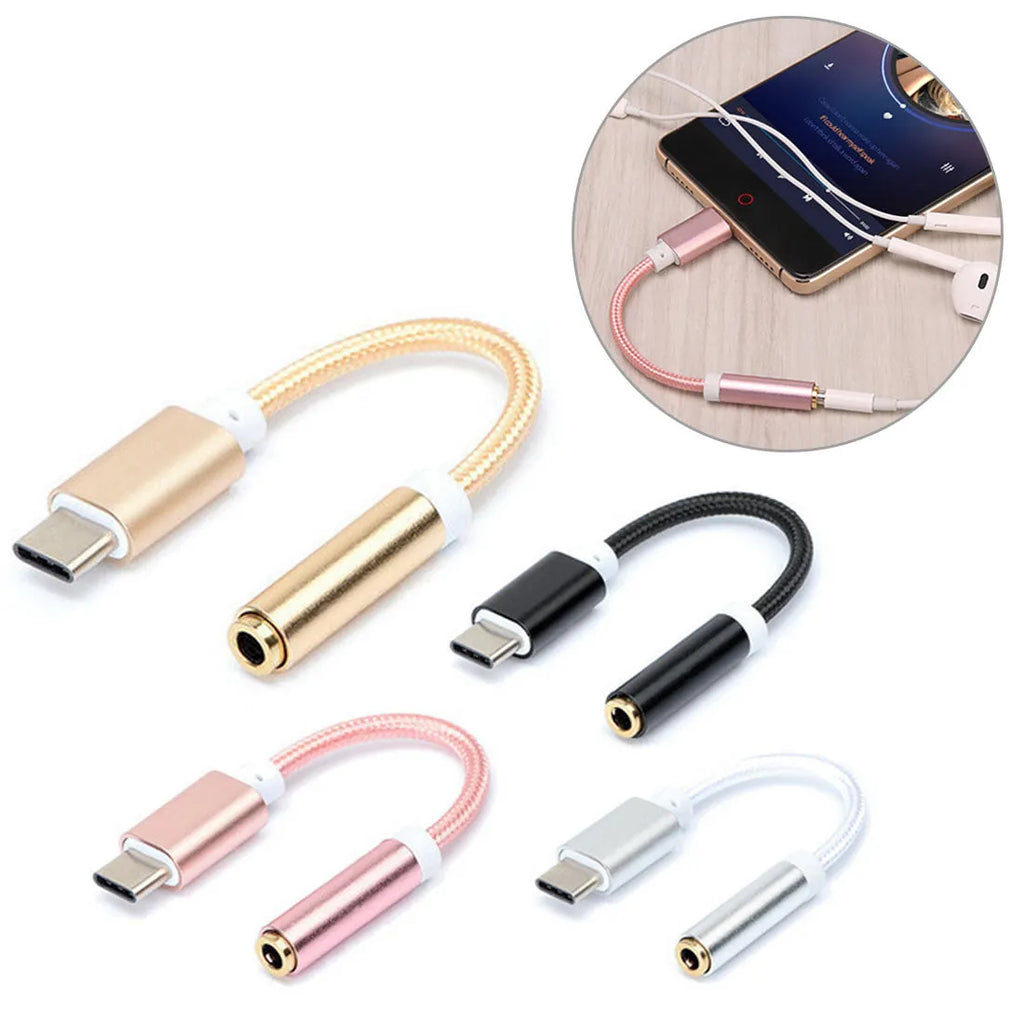 TYPE-C to 3.5mm audio adapter cable in four colour options with nylon wire