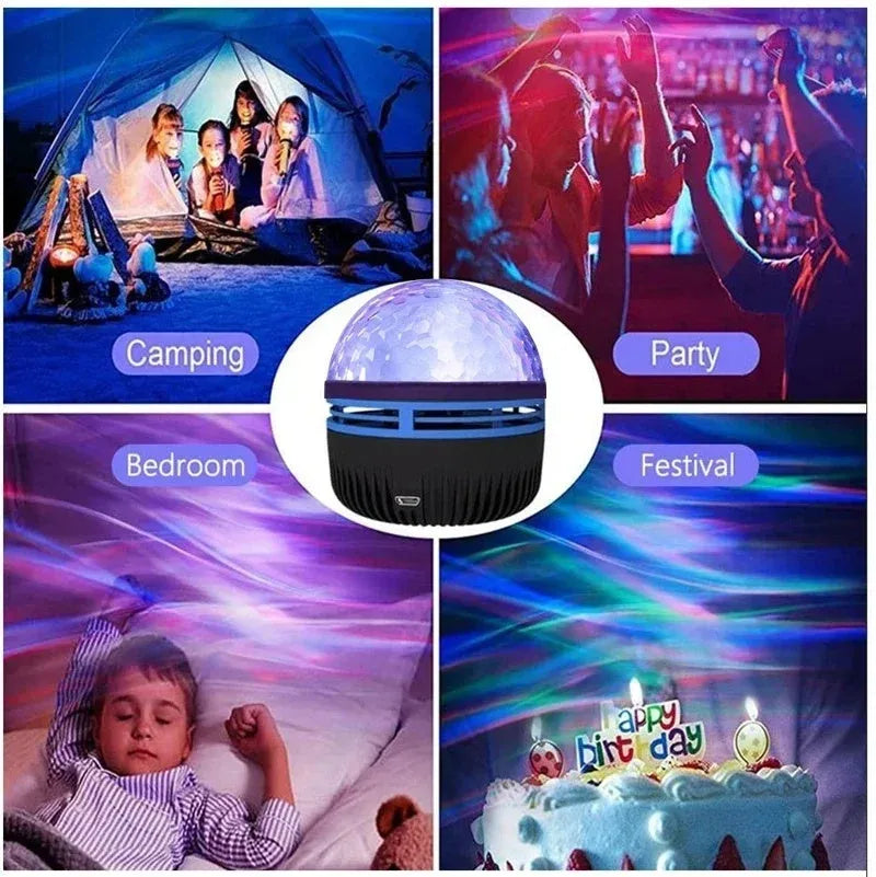 LED rotating magic ball galaxy projector lamp with remote control on a bedside table.