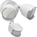 White 120V LED outdoor flood light with motion sensor for courtyard and garage security lighting