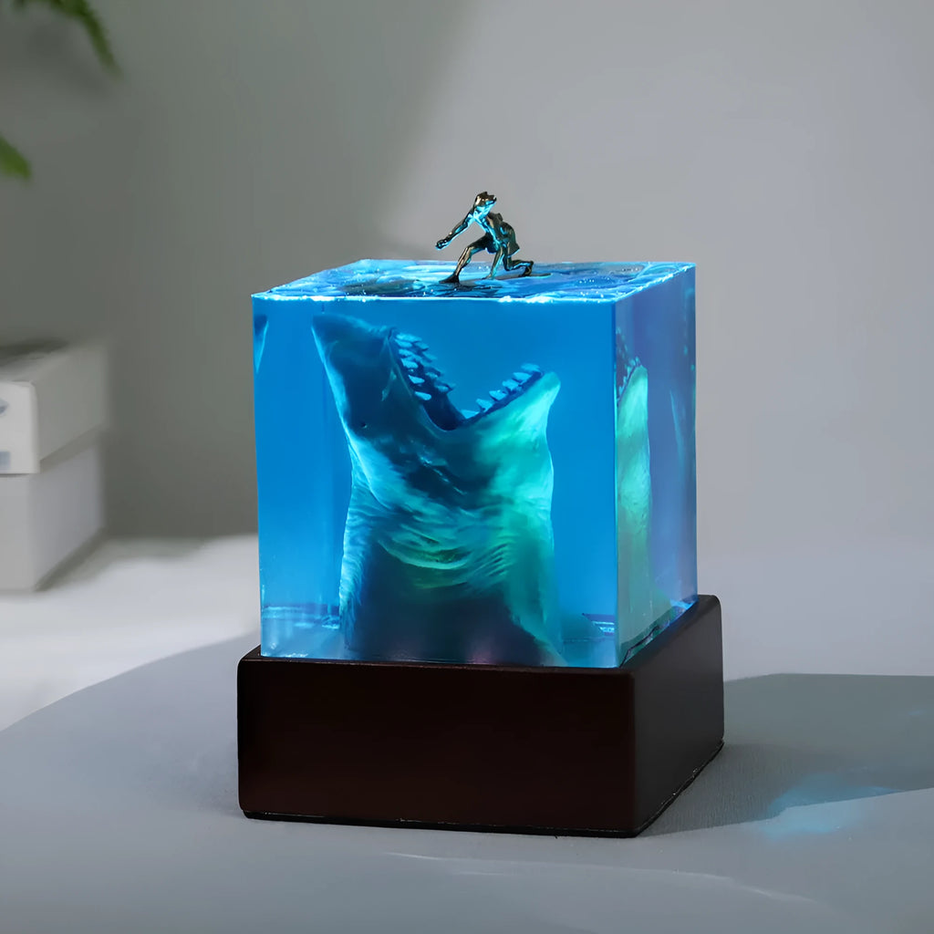 Ocean shark surfer micro landscape night light ornament made of epoxy resin and plastic, 5cm or 8cm size with lamp holder, modern simple style