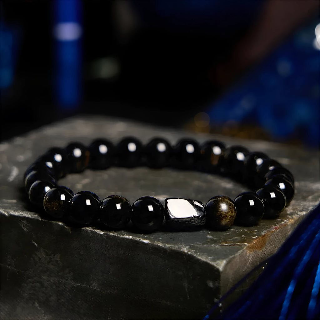 Natural obsidian single ring bracelet 8mm beads retro constellation unisex style close-up