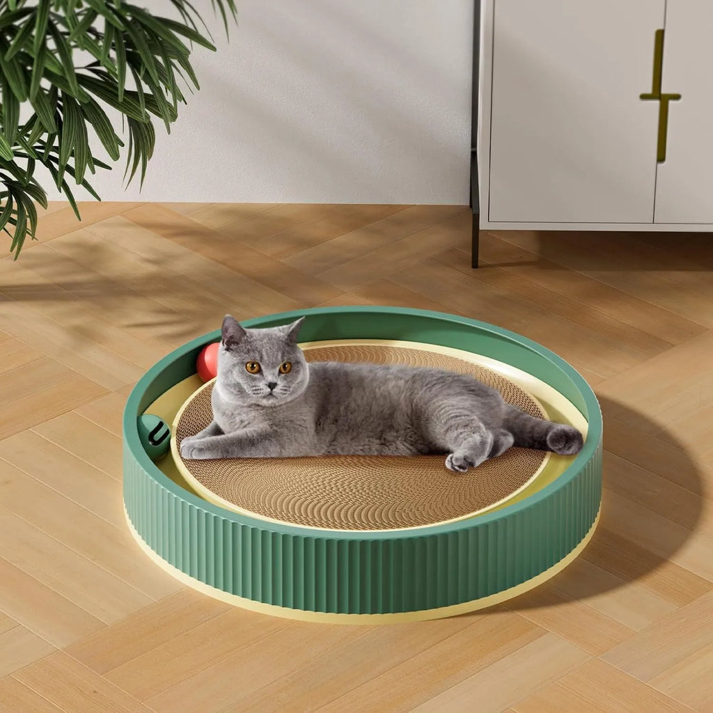 Large green cat scratching board with ball toys and replaceable cardboard core