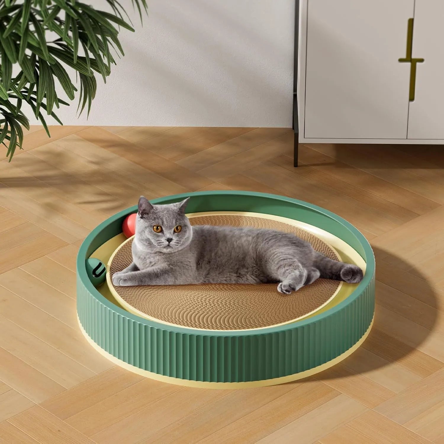 Large green cat scratching board with ball toys and replaceable cardboard core