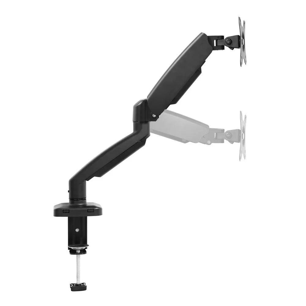 Black rotating telescopic LCD screen bracket on a desk showing height adjustment
