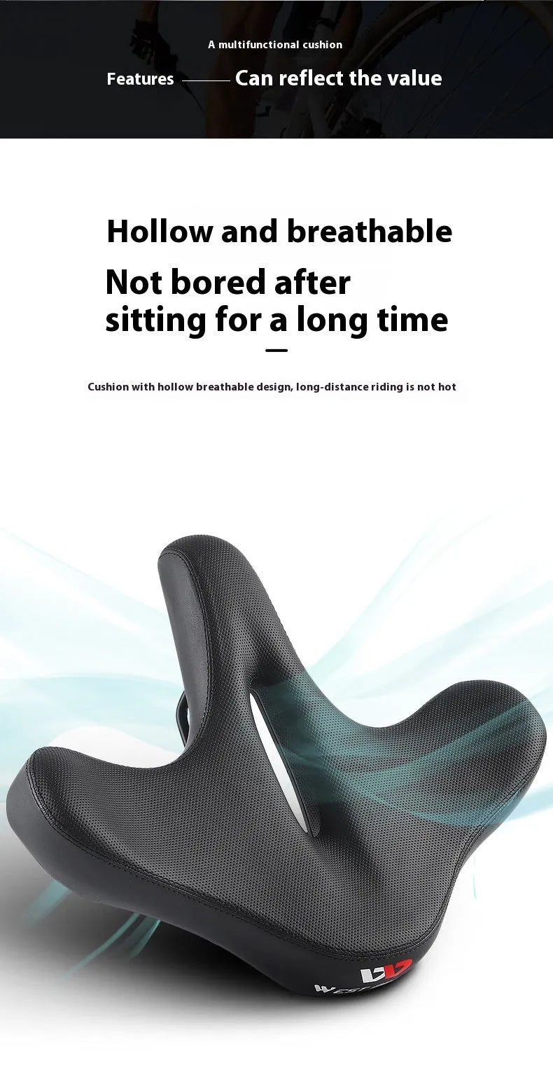 Black bicycle seat cushion with leather exterior and foam padding for shock absorption