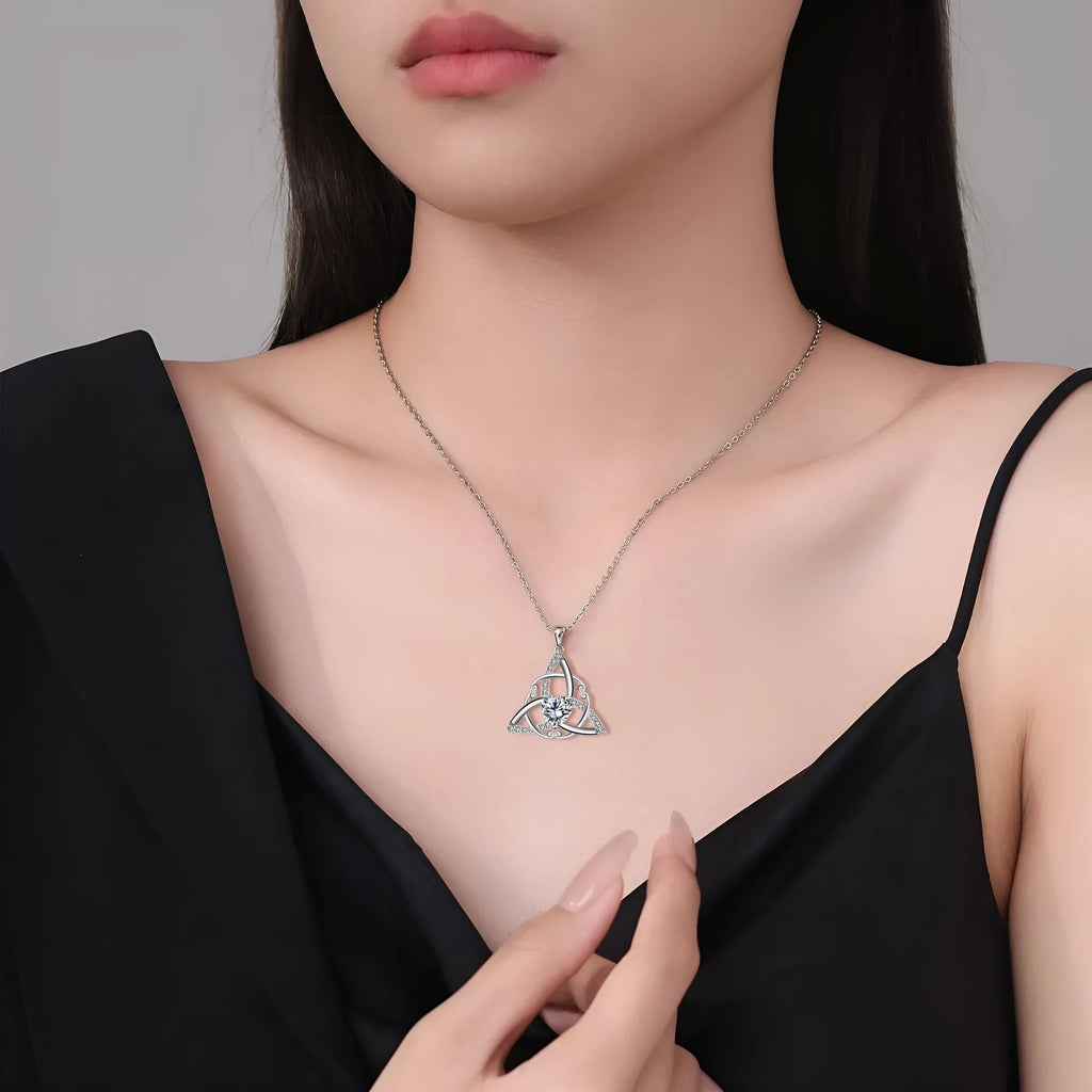 Women's Celtic knot necklace with geometric pendant in electroplated finish on copper chain