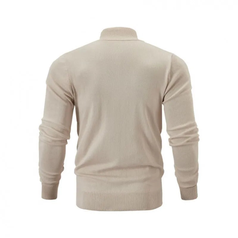 Stand collar casual zip sweater in apricot colour showing front zip and loose fit design