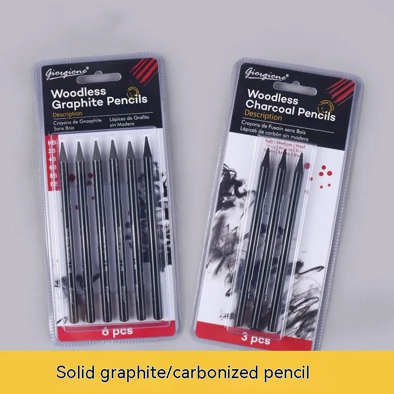 Set of six graphite pencils and three carbonized pencils in wooden casings on suction card packaging.
