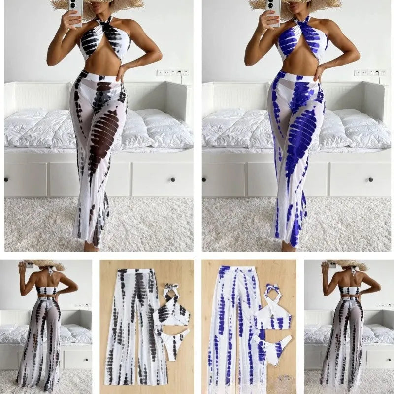 Women's three-piece printed swimsuit set with bikini top, pants, and mesh trousers.