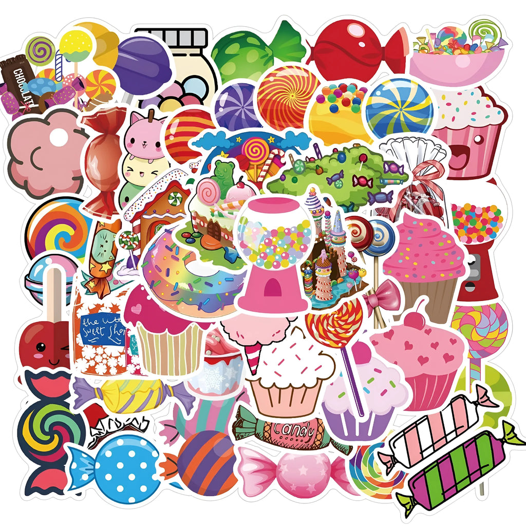 Pack of 50 colourful candy graffiti and cartoon stickers scattered on a surface, each measuring 4-6 cm.