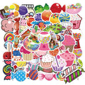 Pack of 50 colourful candy graffiti and cartoon stickers scattered on a surface, each measuring 4-6 cm.