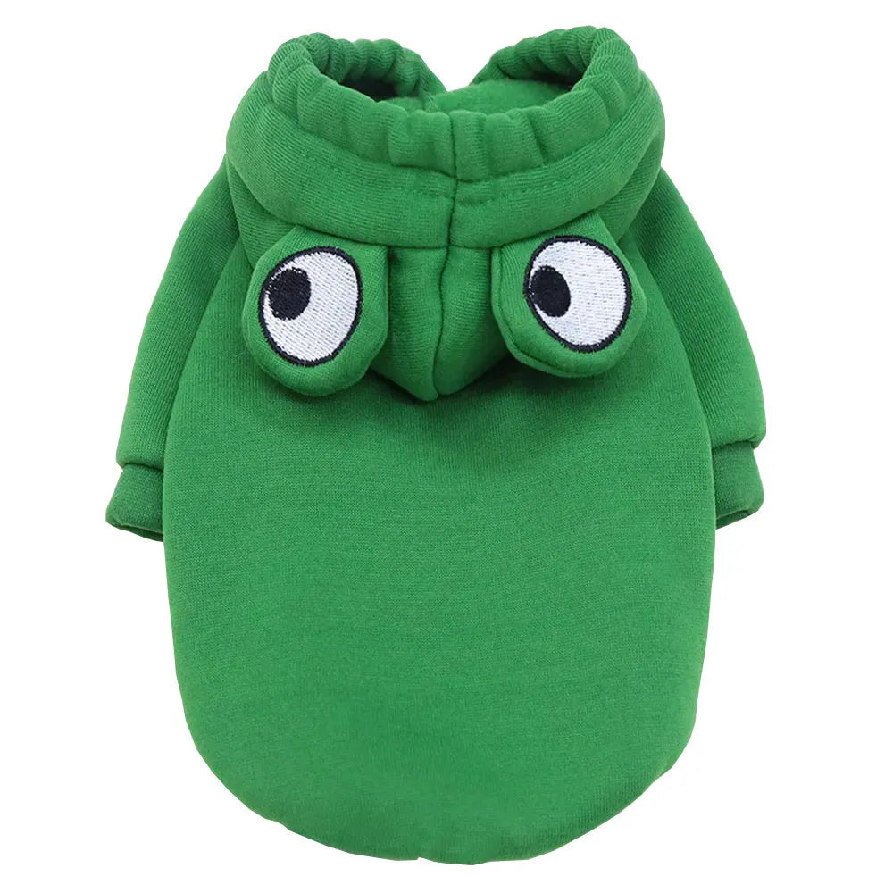 Green frog costume pet hoodie for small dogs and cats with soft fleece fabric in autumn setting