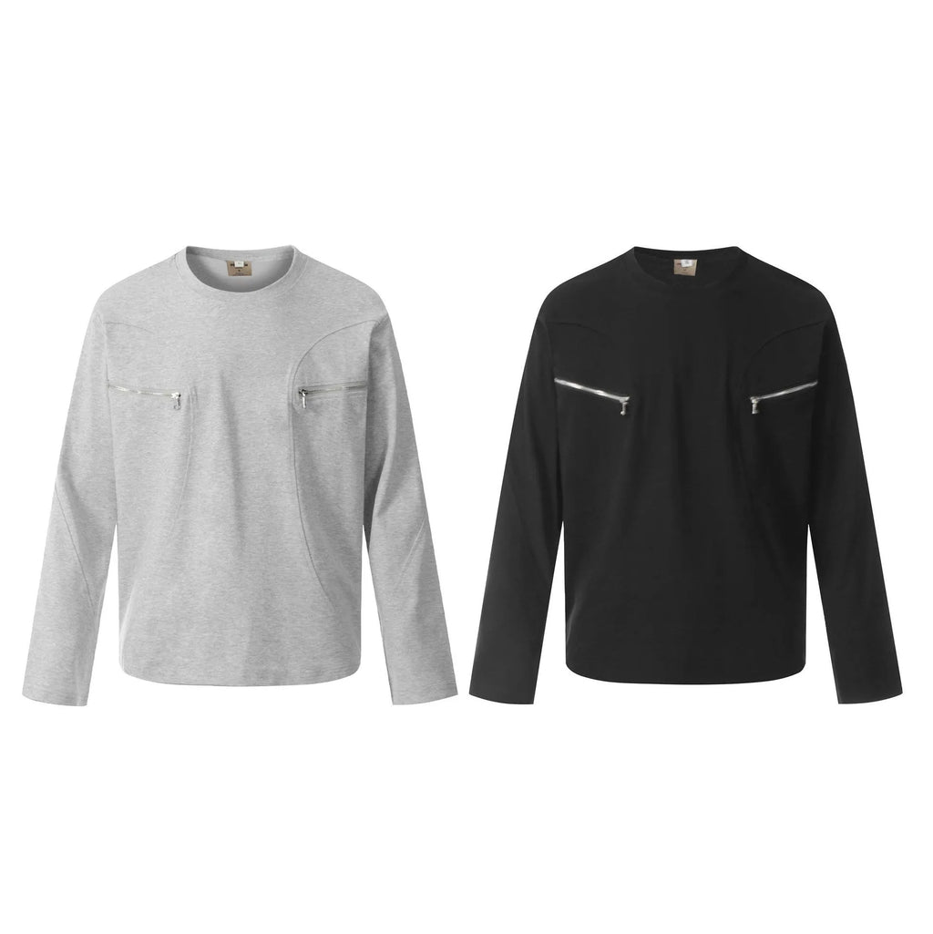 Man wearing a loose-fit grey cotton long sleeve pullover in American retro style