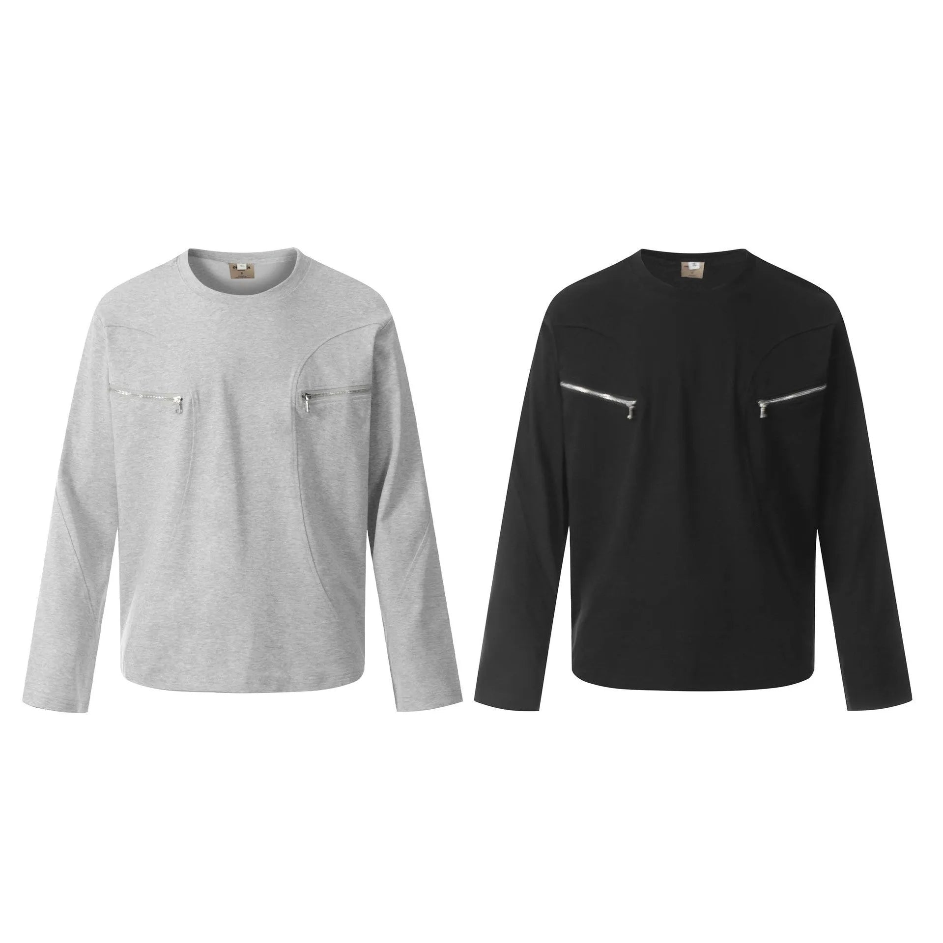 Man wearing a loose-fit grey cotton long sleeve pullover in American retro style