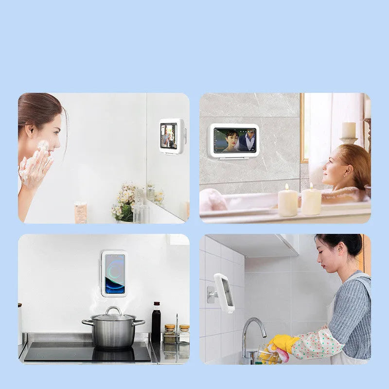 Waterproof phone holder in Crescent White with anti-fog window and touch screen on bathroom tile