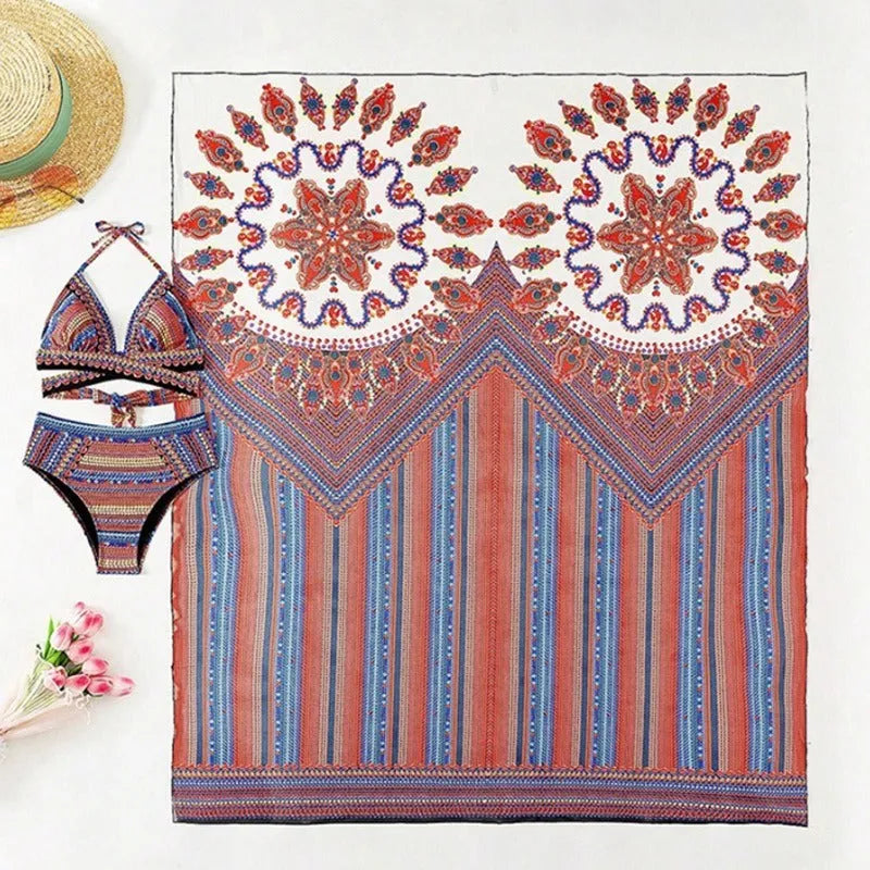 Women's three-piece swimsuit set with cutout sleeveless top, high-waisted briefs, and matching coat on a model.