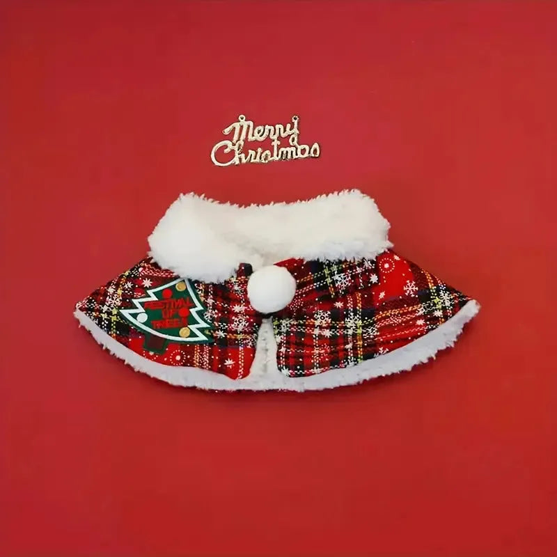 Red background pet Christmas cloak with bell design on dog, showing snowflake pattern and scarf length