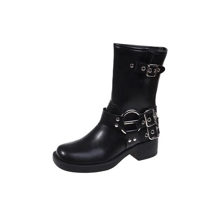 Black platform calf-length women's boots with a large decorative buckle on the shaft.