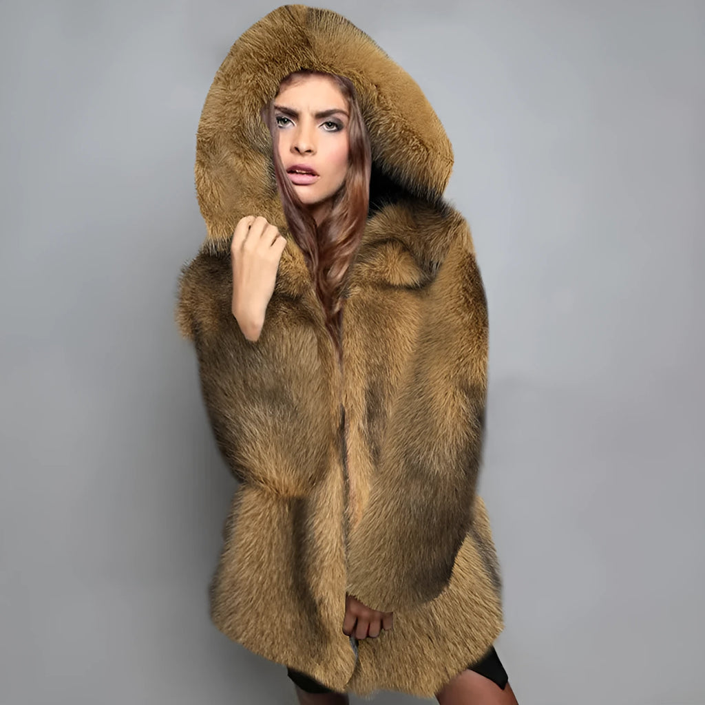 Women's silver grey artificial fur coat with mid-length design and loose trendy fit