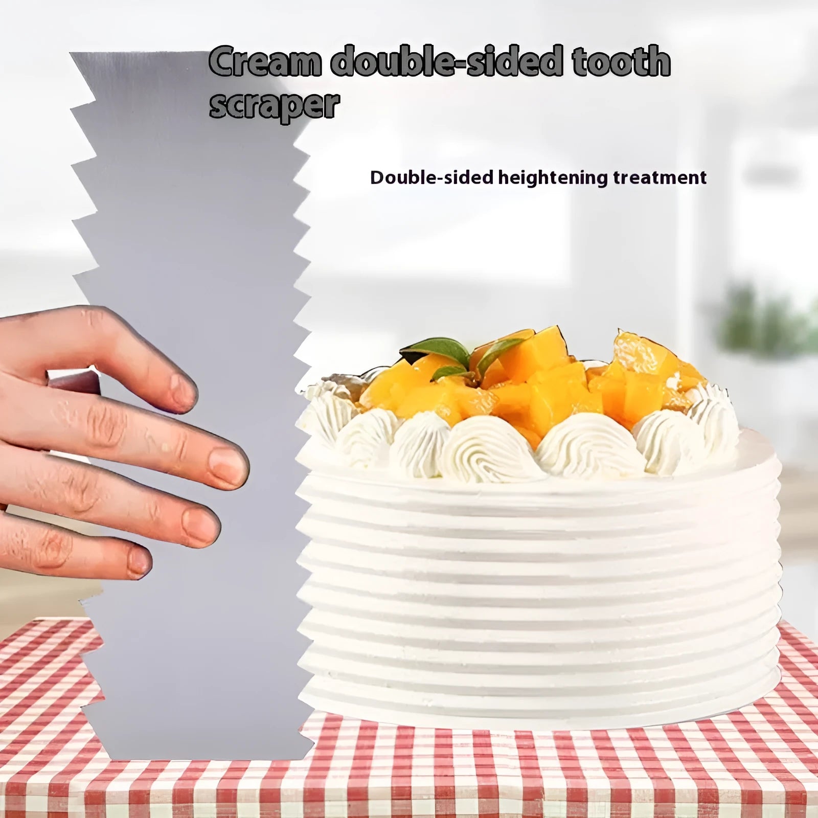 Stainless steel cream scraper with a polygonal patterned edge for cake decorating.