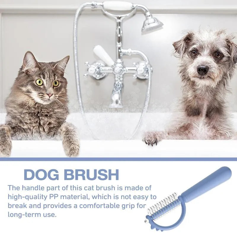 Self-cleaning slicker cat brush with dinosaur shape, double-sided for shedding and dematting, blue green white options