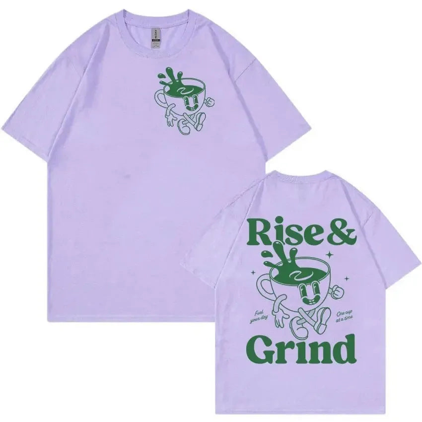 Front view of a loose-fit linen T-shirt featuring a printed 'Rise And Grind Green Coffee' cartoon design in black on a light-coloured fabric.